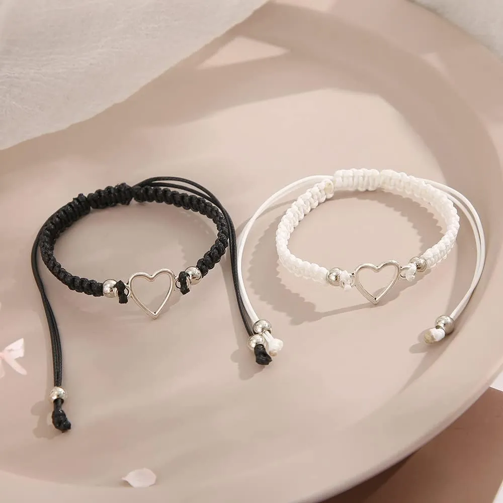 2pcs Heart Shaped Couple Bracelets Love Heart White Black Rope Couple Bracelet Heart Shaped Handmade Braid Adjustable Bracelet Valentine Couple Friendship Bracelets Gift for Women Men Jewelry
