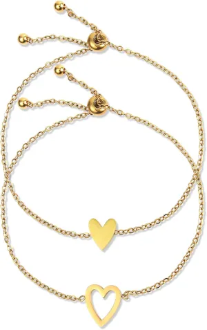 2pcs Matching Heart Bracelets, Gold Plating Plated Delicate Love Couples Friendship Relationship Best Friend Chain Adjustable Jewelry Heart Bracelet Set Gift for Women as Prom Accessories Anniversary