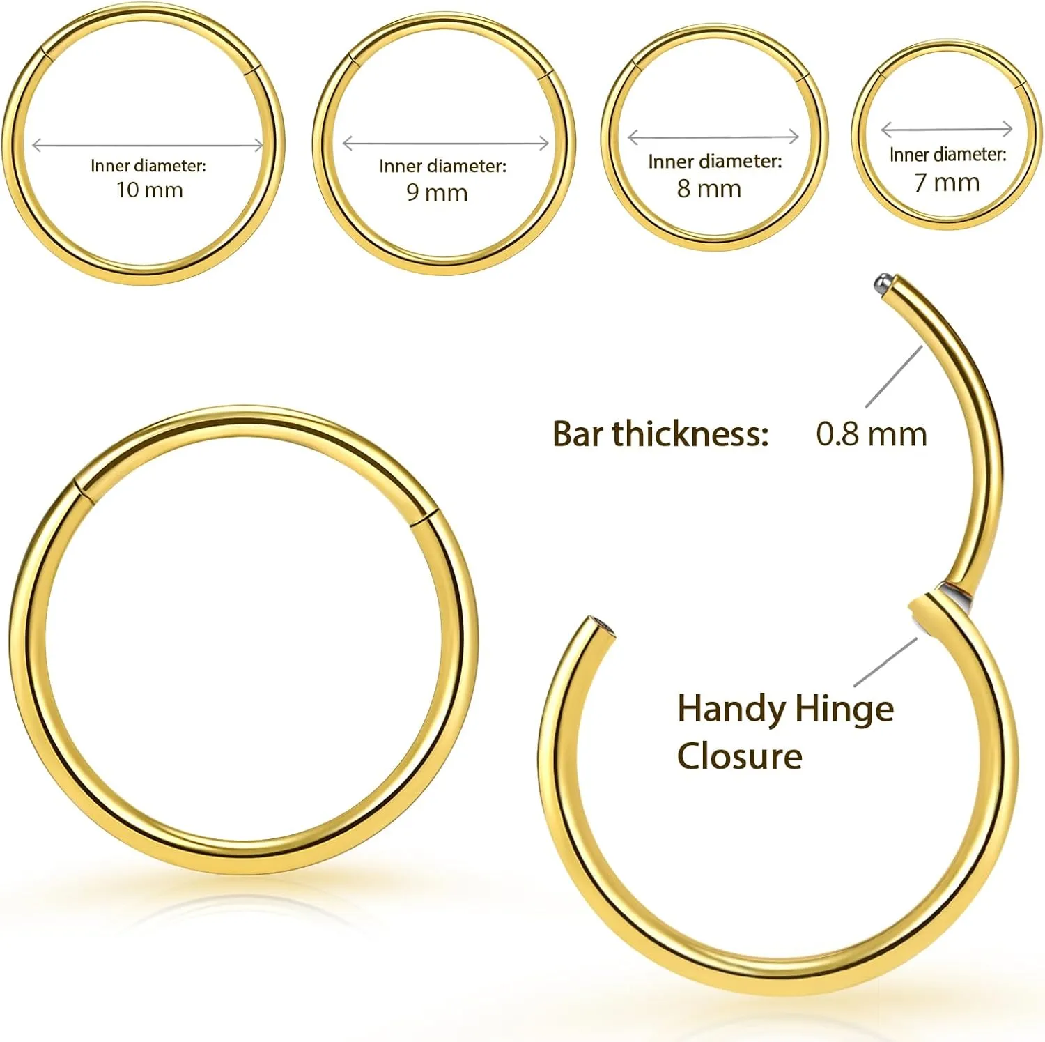 2Pcs Titanium Nose Rings 20G 18G 16G Nose Rings Hoops Septum Clicker Hinged Segment Ring Cartilage Helix Tragus Conch Daith Rook Nostril Hoop Piercing Earring, Diameter 5mm to 12mm Silver-Gold-Rose Gold-Black