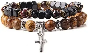 2pcs/set Men Bracelet Wood Beads Cross Pendant 7 Healing Balance Lava Bracelet for Women Prayer Buddha Jewelry Gifts (Metal Color: 8mm wood beads - Length: 21CM)