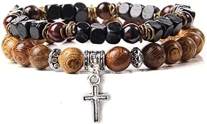 2pcs/set Men Bracelet Wood Beads Cross Pendant 7 Healing Balance Lava Bracelet for Women Prayer Buddha Jewelry Gifts (Metal Color: 8mm wood beads - Length: 21CM)