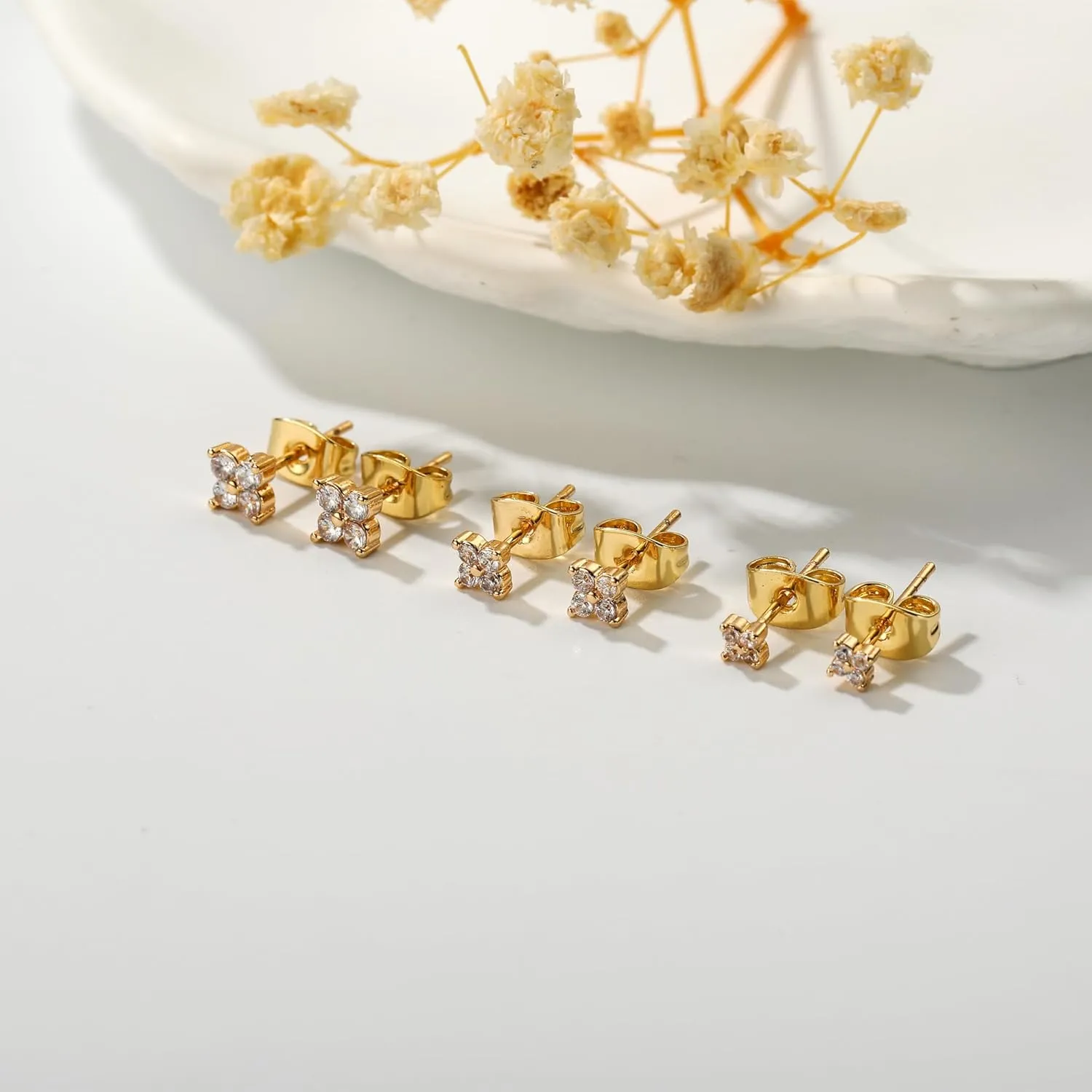 3 Pairs 14K Gold Stud Earring Sets for Women Dainty 925 Sterling Silver Earrings for Multiple Piercing Tiny Cartilage Tragus Cute Trendy Post Earrings Stacks Jewelry Gifts