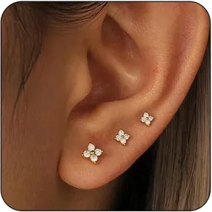 3 Pairs 14K Gold Stud Earring Sets for Women Dainty 925 Sterling Silver Earrings for Multiple Piercing Tiny Cartilage Tragus Cute Trendy Post Earrings Stacks Jewelry Gifts