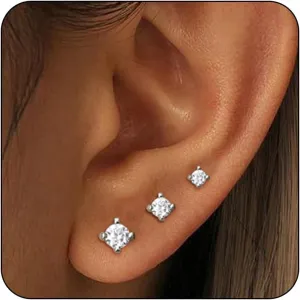 3 Pairs 14K Gold Stud Earring Sets for Women Dainty 925 Sterling Silver Earrings for Multiple Piercing Tiny Cartilage Tragus Cute Trendy Post Earrings Stacks Jewelry Gifts