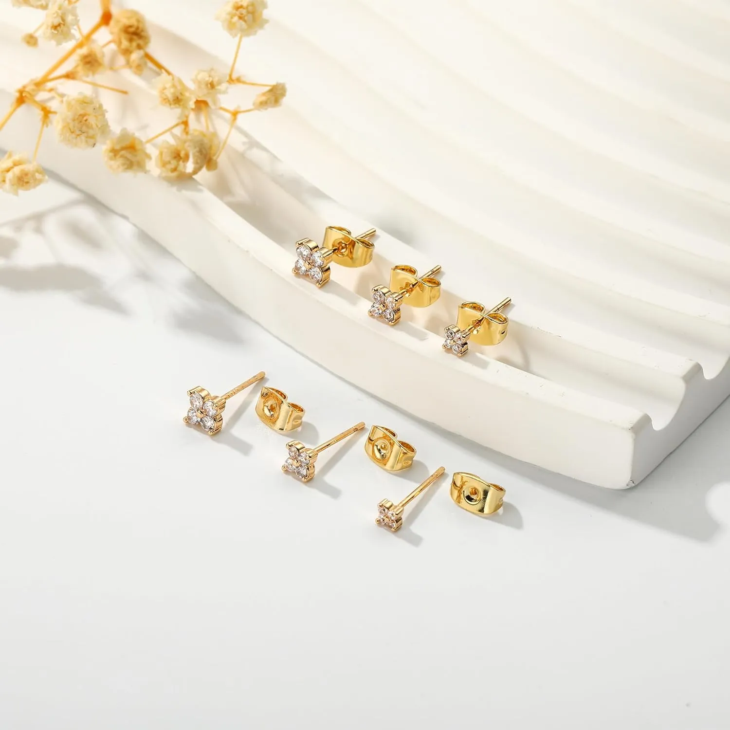 3 Pairs 14K Gold Stud Earring Sets for Women Dainty 925 Sterling Silver Earrings for Multiple Piercing Tiny Cartilage Tragus Cute Trendy Post Earrings Stacks Jewelry Gifts