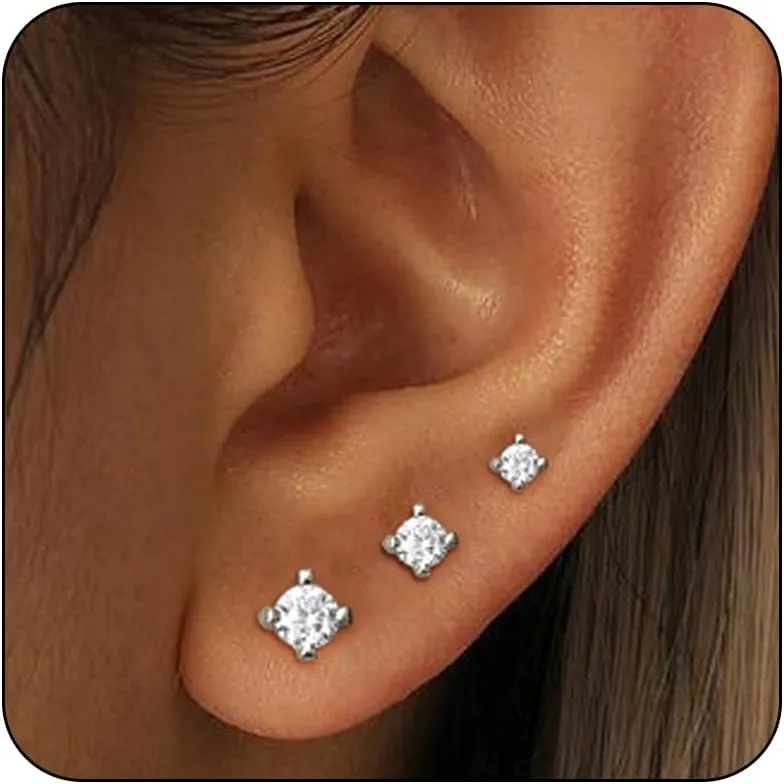 3 Pairs 14K Gold Stud Earring Sets for Women Dainty 925 Sterling Silver Earrings for Multiple Piercing Tiny Cartilage Tragus Cute Trendy Post Earrings Stacks Jewelry Gifts