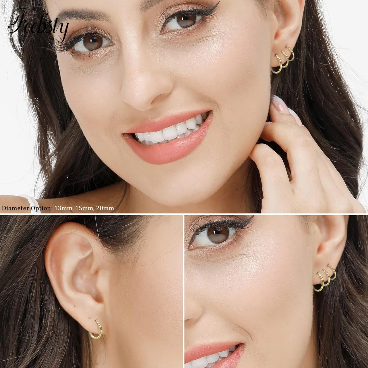 3 Pairs 925 Sterling Silver Hoop Earrings | Small White Gold Plated Hoop Earrings for Women (13mm,15mm,20mm25mm,30mm,40mm,50mm,60mm)