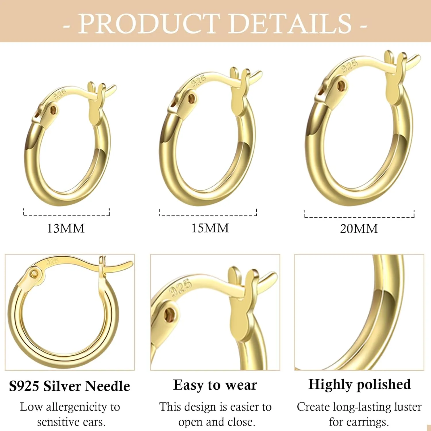 3 Pairs 925 Sterling Silver Hoop Earrings | Small White Gold Plated Hoop Earrings for Women (13mm,15mm,20mm25mm,30mm,40mm,50mm,60mm)