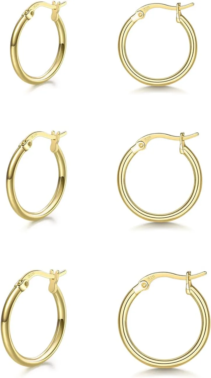 3 Pairs 925 Sterling Silver Hoop Earrings | Small White Gold Plated Hoop Earrings for Women (13mm,15mm,20mm25mm,30mm,40mm,50mm,60mm)