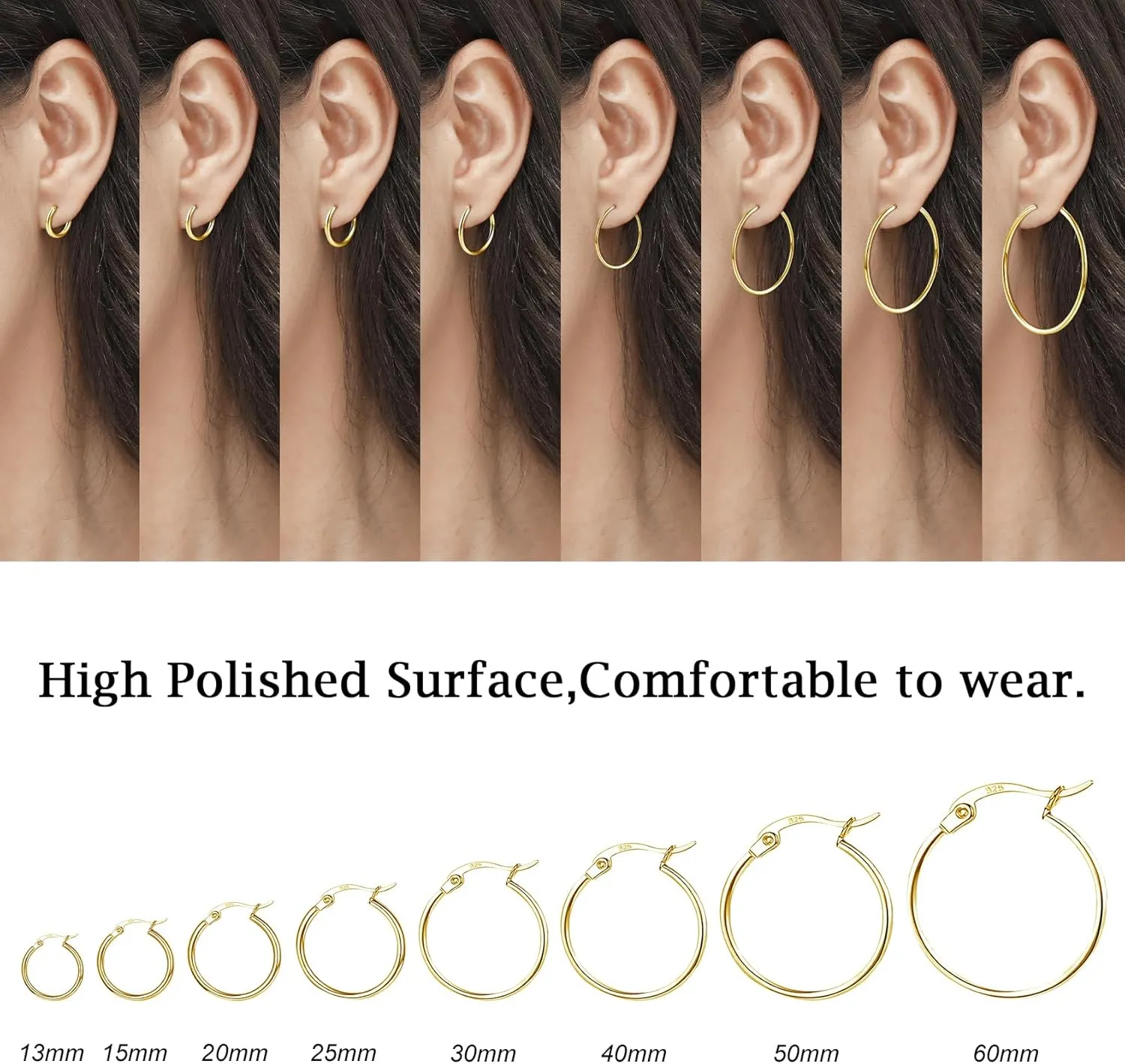 3 Pairs 925 Sterling Silver Hoop Earrings | Small White Gold Plated Hoop Earrings for Women (13mm,15mm,20mm25mm,30mm,40mm,50mm,60mm)