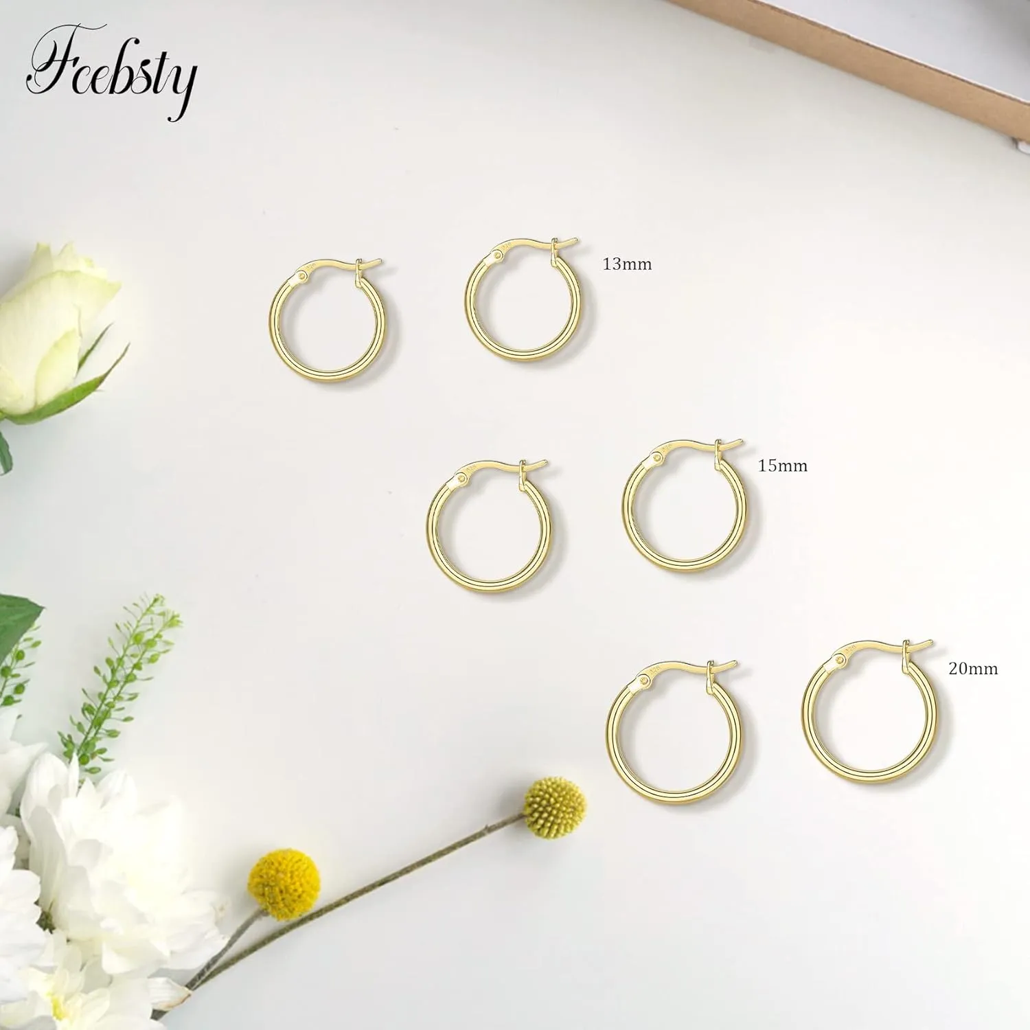 3 Pairs 925 Sterling Silver Hoop Earrings | Small White Gold Plated Hoop Earrings for Women (13mm,15mm,20mm25mm,30mm,40mm,50mm,60mm)