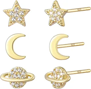 3 Pairs Gold Moon Earrings Star Earrings Planet Earrings Studs for Women,14K Gold Plated Moon and Star Earrings Dainty Saturn Earrings Stud Earring for Women