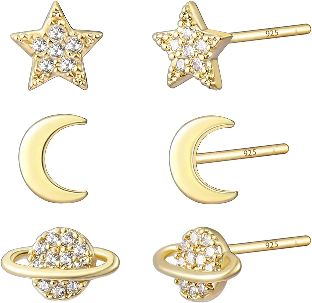 3 Pairs Gold Moon Earrings Star Earrings Planet Earrings Studs for Women,14K Gold Plated Moon and Star Earrings Dainty Saturn Earrings Stud Earring for Women