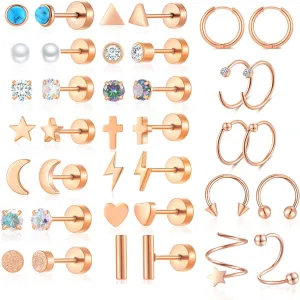38Pcs Stainless Steel Earrings Set for Women Men 14K Gold Plated Small Flat Back Stud Earrings Hoop Earrings Women Men Hypoallergenic Cubic Zirconia Earrings Cartilage Earrings Rook Daith Tragues Lobe Conch Septum Piercing Jewelry