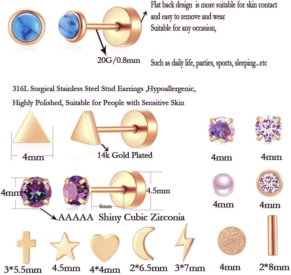 38Pcs Stainless Steel Earrings Set for Women Men 14K Gold Plated Small Flat Back Stud Earrings Hoop Earrings Women Men Hypoallergenic Cubic Zirconia Earrings Cartilage Earrings Rook Daith Tragues Lobe Conch Septum Piercing Jewelry