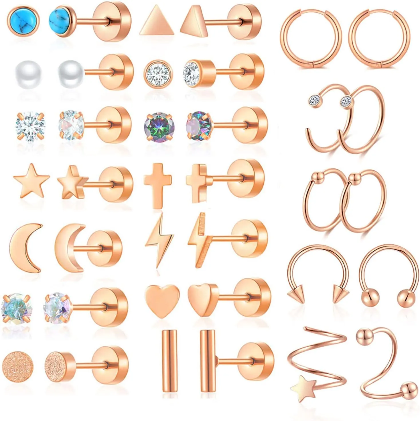 38Pcs Stainless Steel Earrings Set for Women Men 14K Gold Plated Small Flat Back Stud Earrings Hoop Earrings Women Men Hypoallergenic Cubic Zirconia Earrings Cartilage Earrings Rook Daith Tragues Lobe Conch Septum Piercing Jewelry