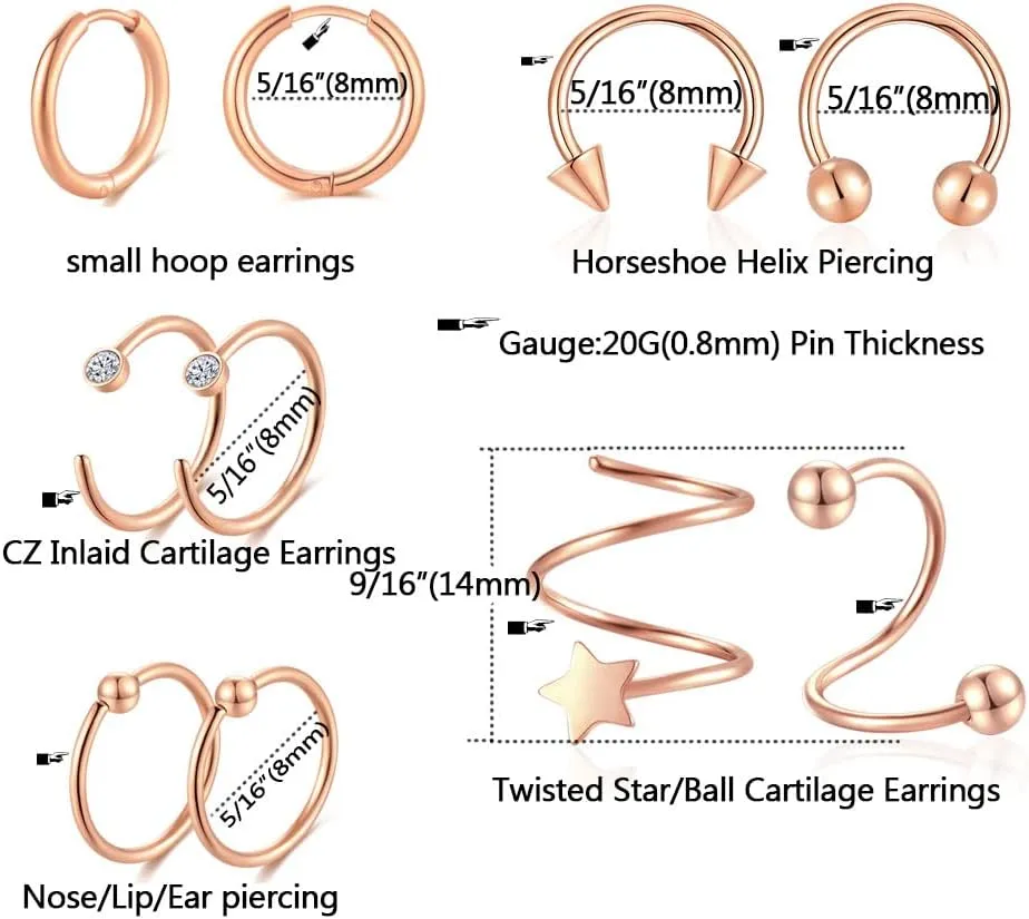 38Pcs Stainless Steel Earrings Set for Women Men 14K Gold Plated Small Flat Back Stud Earrings Hoop Earrings Women Men Hypoallergenic Cubic Zirconia Earrings Cartilage Earrings Rook Daith Tragues Lobe Conch Septum Piercing Jewelry