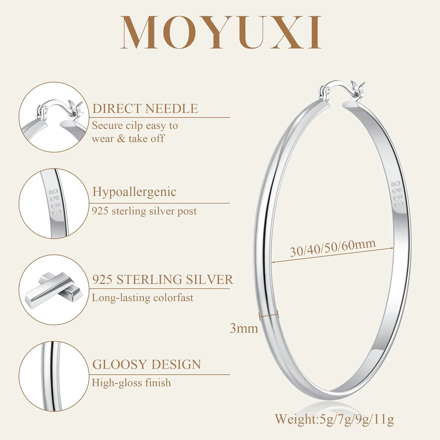 3mm Wide Large Hoop Earrings for Women Non Tarnish 14K Gold Hoops Waterproof Lightweight Hypoallergenic Sterling Silver Hoops Gift for Chrismas Birthday Mother's Day 30/40/50/60mm