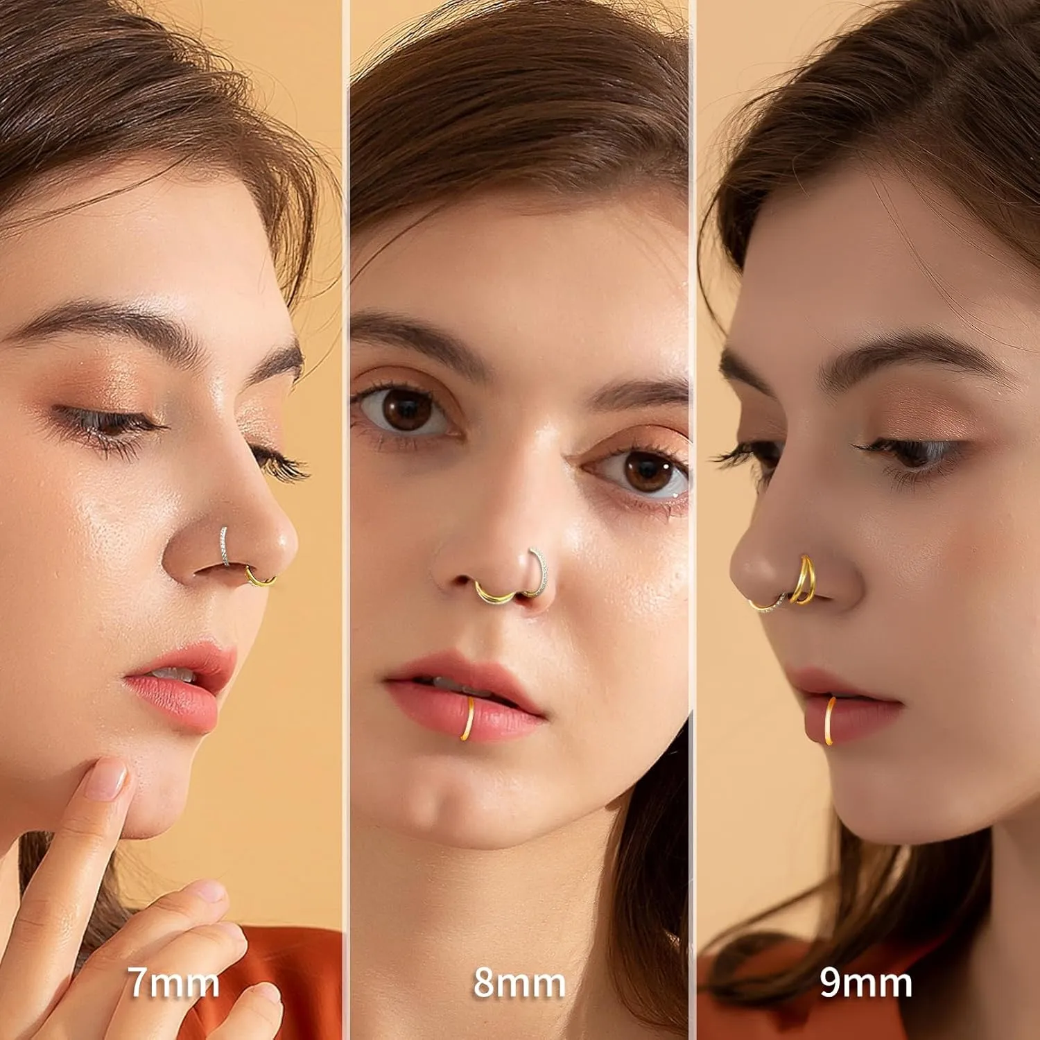 3pcs Gold Plated Nose Rings Hoops for Women:20G 18G Hypoallergenic 316l Surgical Steel Earrings Septum Clicker Ring Hinged Segment Ring Body Piercing Nose Hoop Lip Rings Nose Helix Cartilage Rook piercing jewelry Diameter 7mm/8mm/9mm