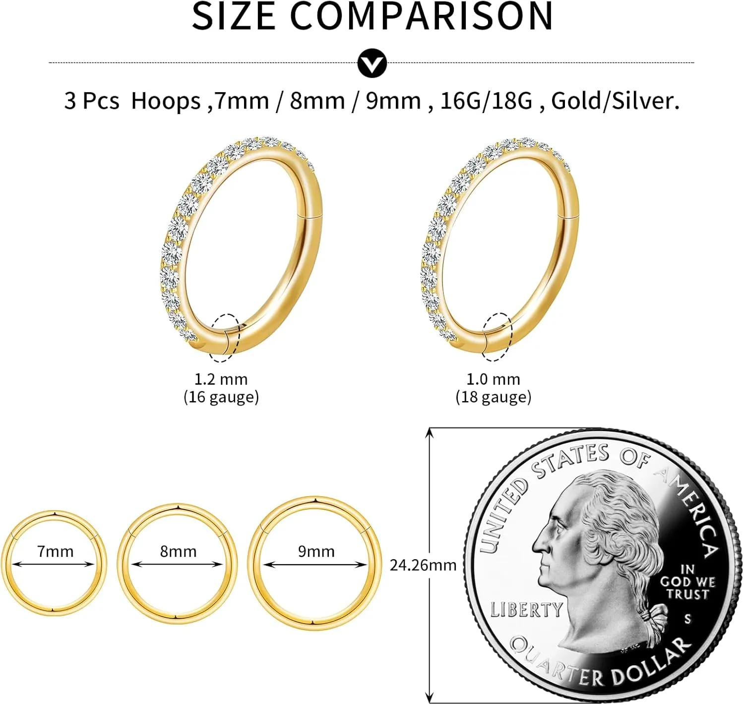 3pcs Gold Plated Nose Rings Hoops for Women:20G 18G Hypoallergenic 316l Surgical Steel Earrings Septum Clicker Ring Hinged Segment Ring Body Piercing Nose Hoop Lip Rings Nose Helix Cartilage Rook piercing jewelry Diameter 7mm/8mm/9mm