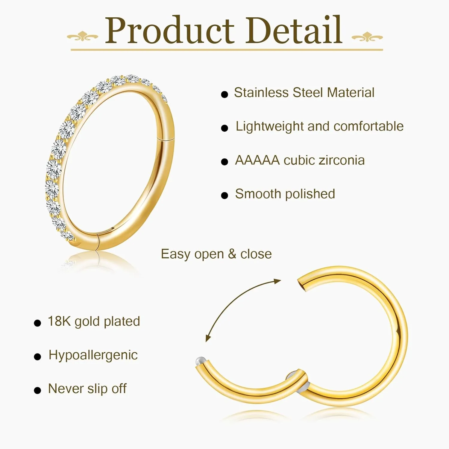 3pcs Gold Plated Nose Rings Hoops for Women:20G 18G Hypoallergenic 316l Surgical Steel Earrings Septum Clicker Ring Hinged Segment Ring Body Piercing Nose Hoop Lip Rings Nose Helix Cartilage Rook piercing jewelry Diameter 7mm/8mm/9mm