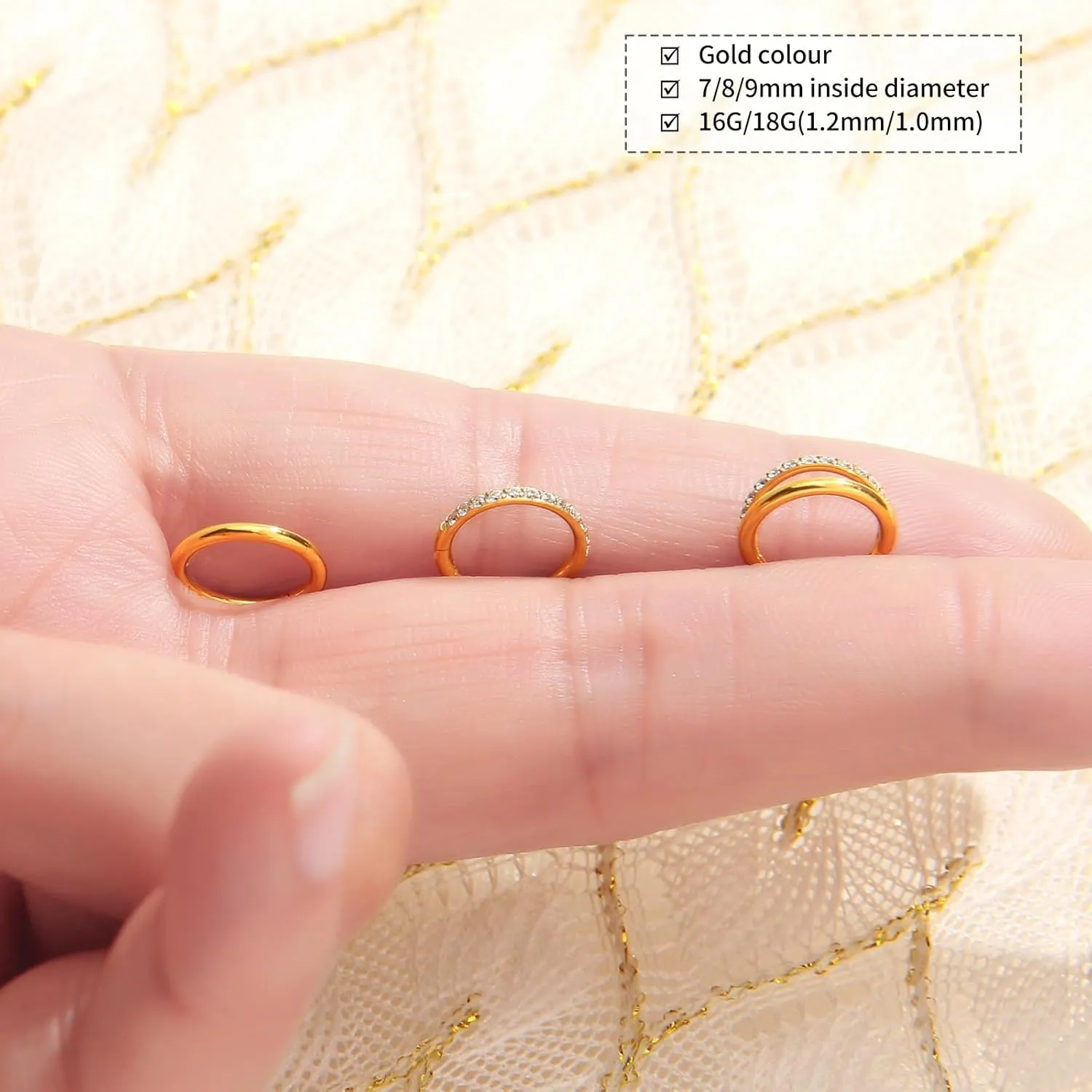 3pcs Gold Plated Nose Rings Hoops for Women:20G 18G Hypoallergenic 316l Surgical Steel Earrings Septum Clicker Ring Hinged Segment Ring Body Piercing Nose Hoop Lip Rings Nose Helix Cartilage Rook piercing jewelry Diameter 7mm/8mm/9mm