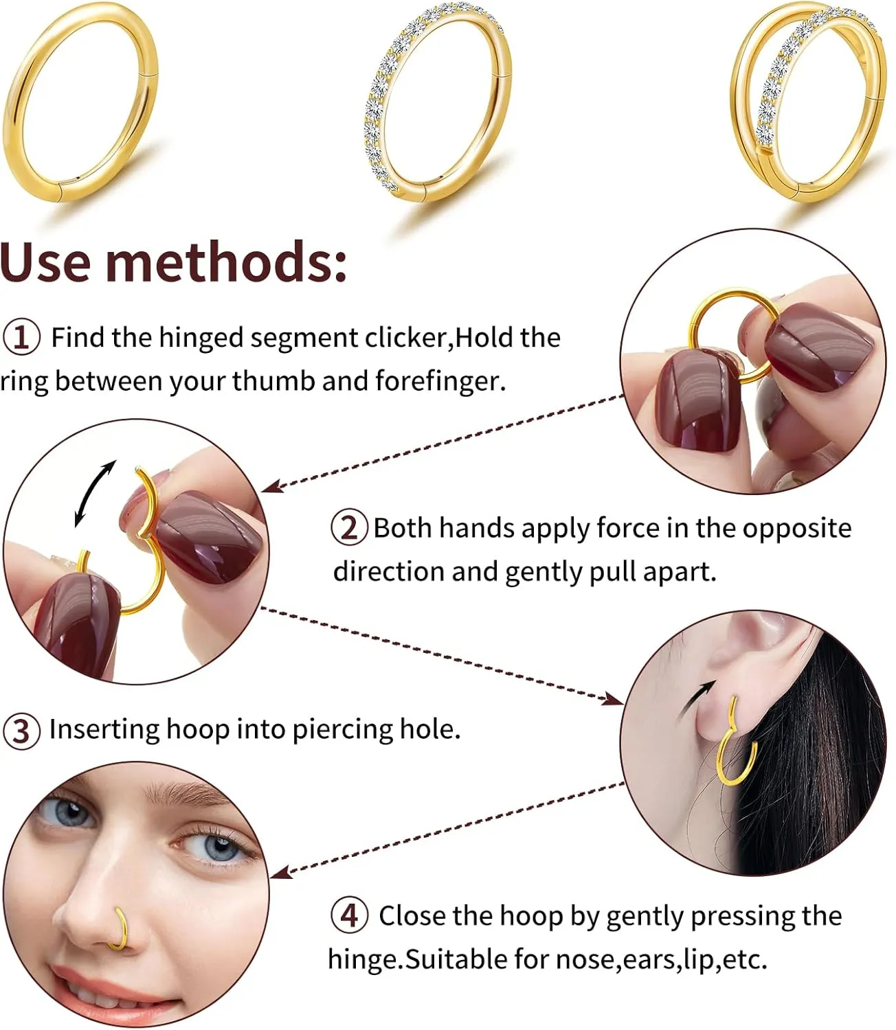 3pcs Gold Plated Nose Rings Hoops for Women:20G 18G Hypoallergenic 316l Surgical Steel Earrings Septum Clicker Ring Hinged Segment Ring Body Piercing Nose Hoop Lip Rings Nose Helix Cartilage Rook piercing jewelry Diameter 7mm/8mm/9mm