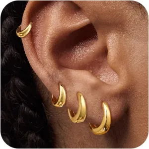 4 Pairs 14K Gold Plated Chunky Gold Hoop Earrings Set Hypoallergenic | Zircon Gold Small Huggie Earrings for Women