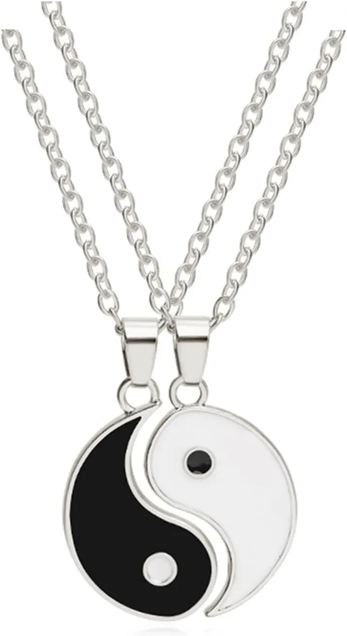 4 Pieces Matching Yin Yang Friend Couple Bracelets with Necklace Set, Yin Yang Taichi Couple Pendant Necklace Chain Adjustable Handmade Cord Relationship Bracelets for BFF Friendship
