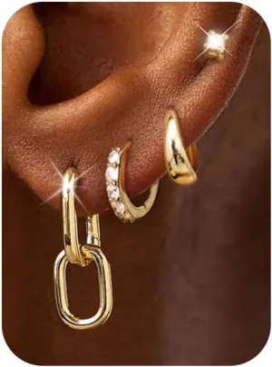 4 Sets of Elegant Gold Hoop Earrings - Hypoallergenic Dangle, Huggie, Stud for Women