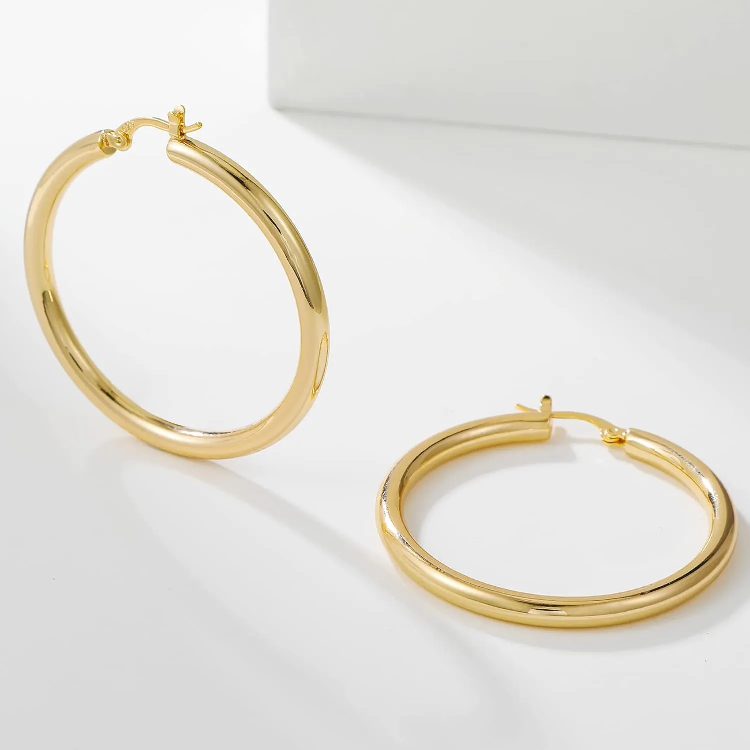 4mm Thick Gold Chunky Earrings Steling Silver Post Hoops Earrings For Women Hollow Tube Hoops Earrings Thick Gold Hoop Earrings Hypoallergenic Lightweight Gold Hoop Large Earrings 20/30/40/50/60MM
