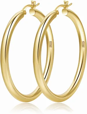 4mm Thick Gold Chunky Earrings Steling Silver Post Hoops Earrings For Women Hollow Tube Hoops Earrings Thick Gold Hoop Earrings Hypoallergenic Lightweight Gold Hoop Large Earrings 20/30/40/50/60MM
