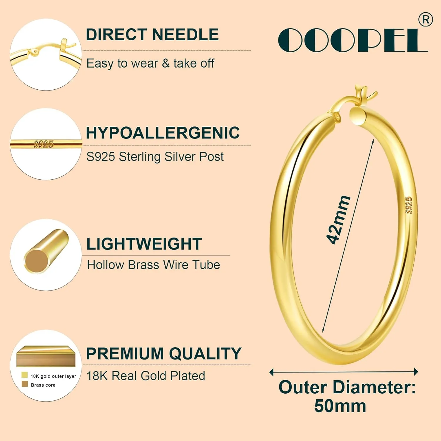 4mm Thick Gold Chunky Earrings Steling Silver Post Hoops Earrings For Women Hollow Tube Hoops Earrings Thick Gold Hoop Earrings Hypoallergenic Lightweight Gold Hoop Large Earrings 20/30/40/50/60MM