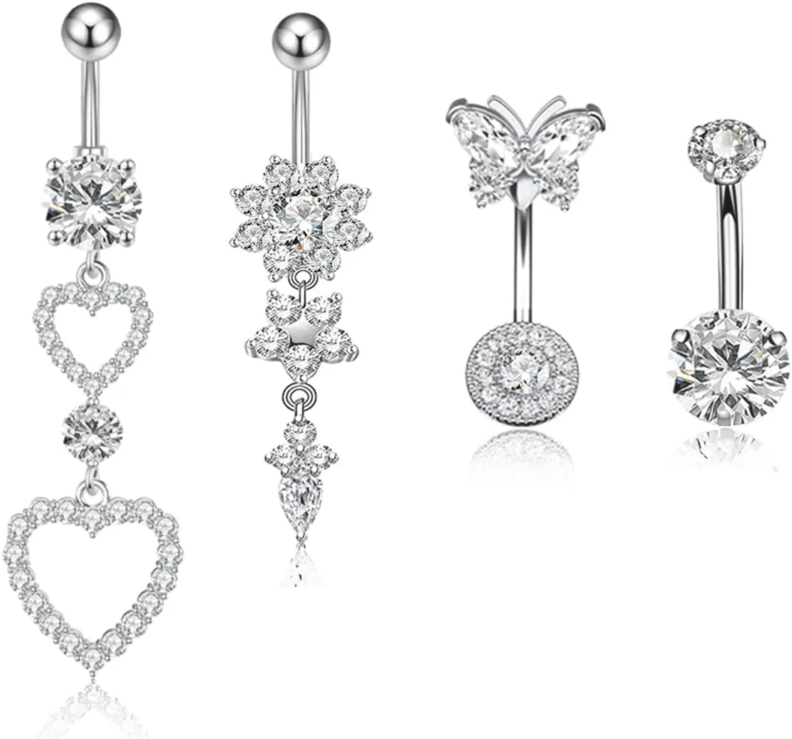 4pcs 14G Belly Button Surgical Steel Heart Butterfly Belly Rings Flower Dangling Navel Barbell Stud for Women (Silver-Heart-4pcs)