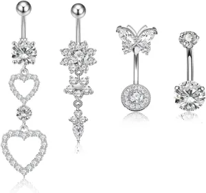 4pcs 14G Belly Button Surgical Steel Heart Butterfly Belly Rings Flower Dangling Navel Barbell Stud for Women (Silver-Heart-4pcs)