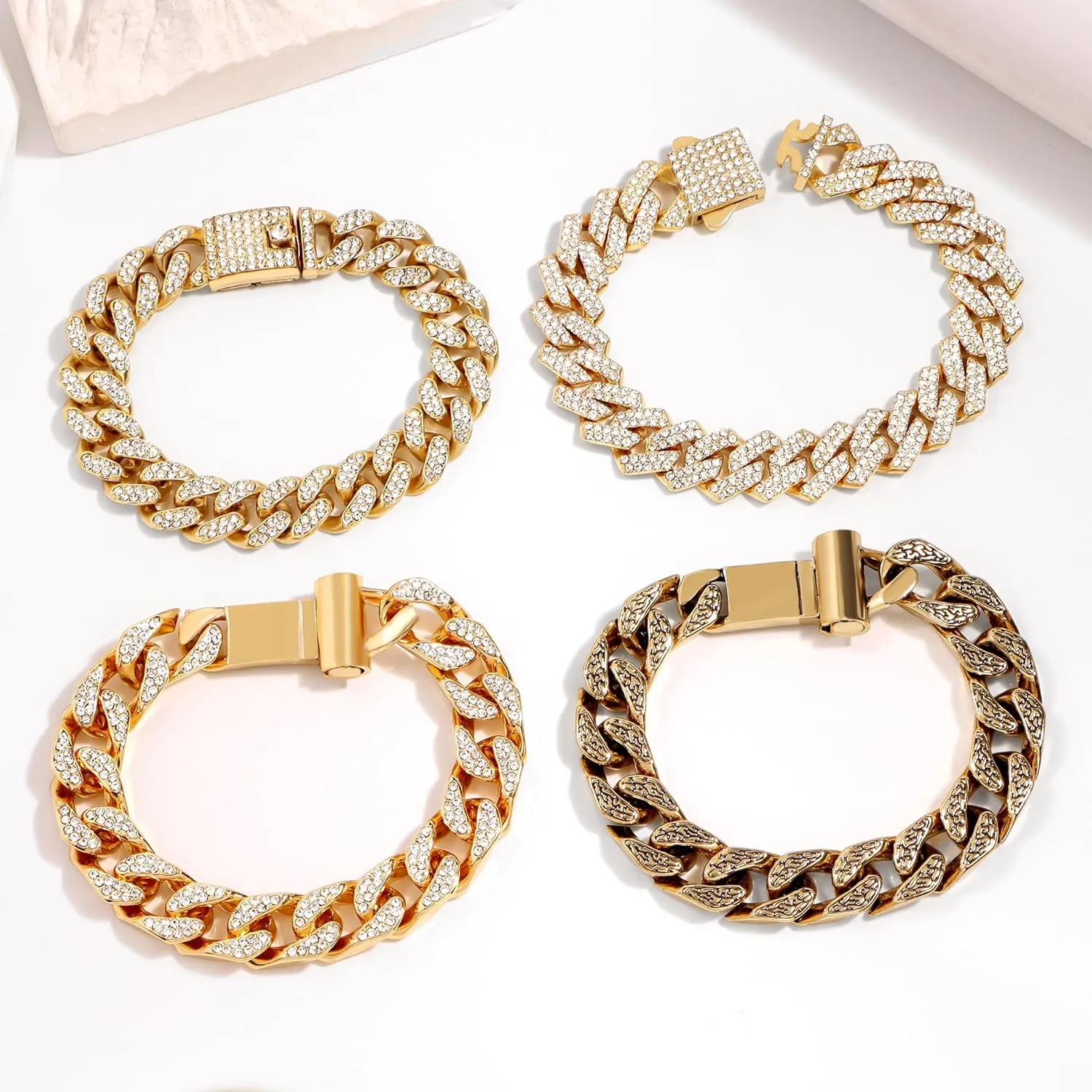 4PCS 18K Gold Silver Bracelets for men Women, Cuban Link Chain Bracelet Set for Men Women, Silver Diamond Bracelet Pack for Mens Jewelry