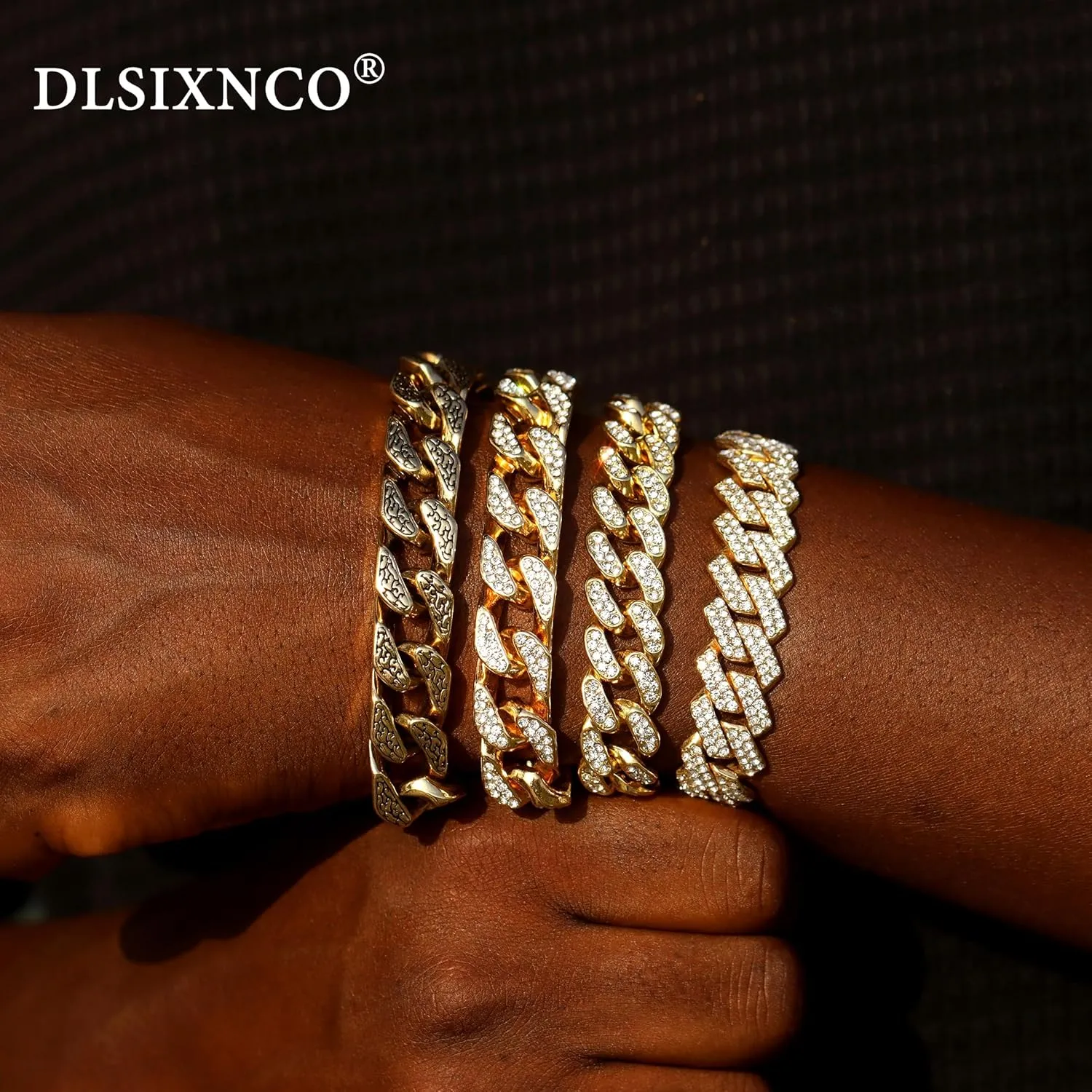 4PCS 18K Gold Silver Bracelets for men Women, Cuban Link Chain Bracelet Set for Men Women, Silver Diamond Bracelet Pack for Mens Jewelry