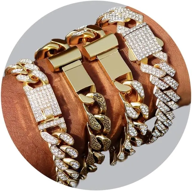 4PCS 18K Gold Silver Bracelets for men Women, Cuban Link Chain Bracelet Set for Men Women, Silver Diamond Bracelet Pack for Mens Jewelry