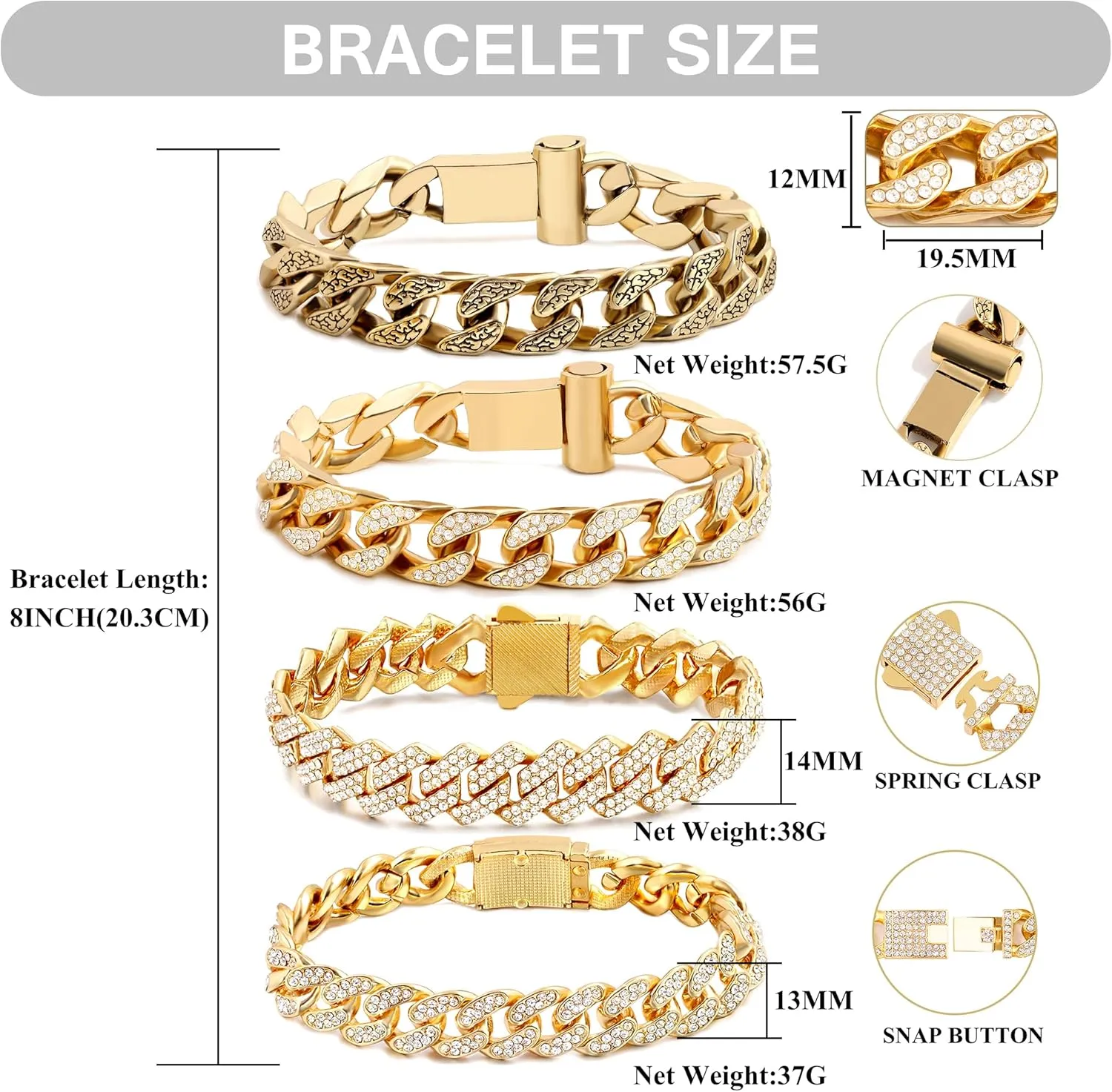 4PCS 18K Gold Silver Bracelets for men Women, Cuban Link Chain Bracelet Set for Men Women, Silver Diamond Bracelet Pack for Mens Jewelry