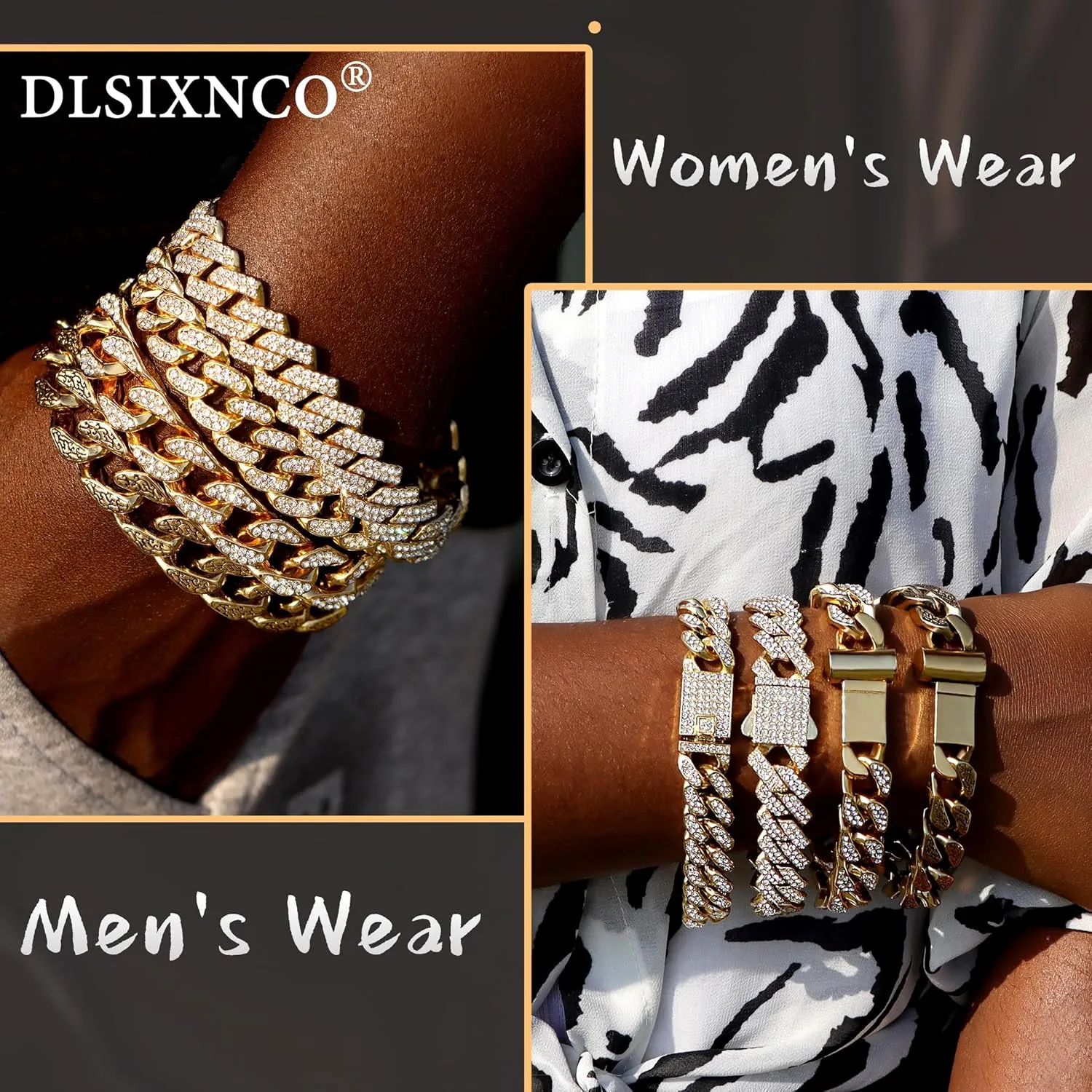 4PCS 18K Gold Silver Bracelets for men Women, Cuban Link Chain Bracelet Set for Men Women, Silver Diamond Bracelet Pack for Mens Jewelry