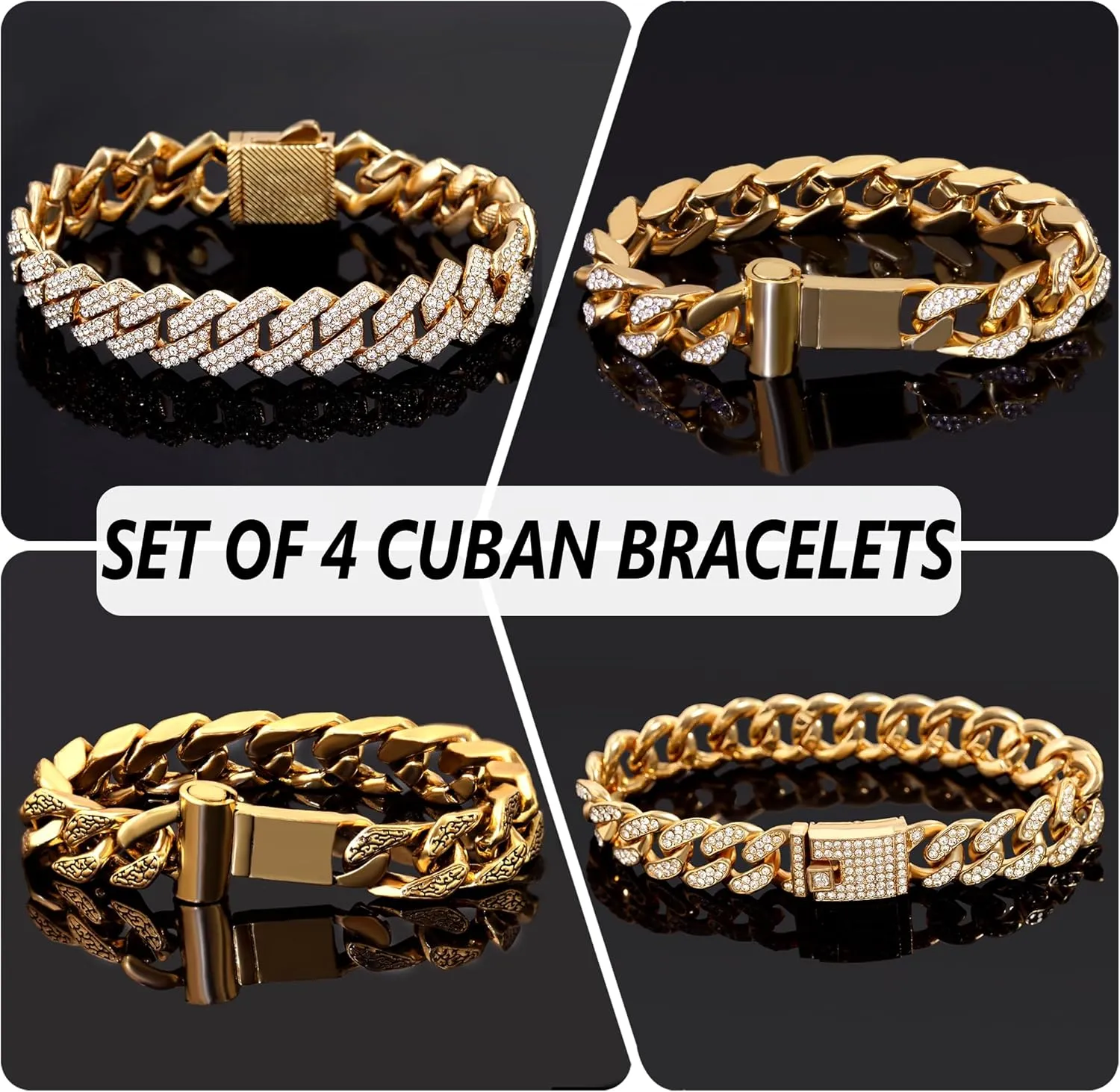 4PCS 18K Gold Silver Bracelets for men Women, Cuban Link Chain Bracelet Set for Men Women, Silver Diamond Bracelet Pack for Mens Jewelry