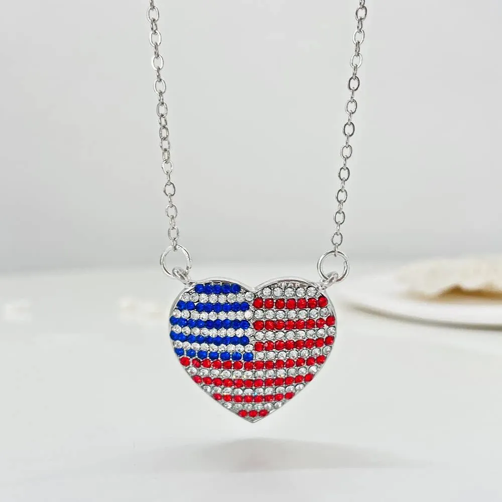 4th of July Necklace Patriotic Rhinestone Red White Blue American USA Flag Pendant Necklace Independence Day Jewelry for Memorial Day Accessories