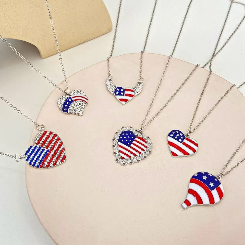 4th of July Necklace Patriotic Rhinestone Red White Blue American USA Flag Pendant Necklace Independence Day Jewelry for Memorial Day Accessories