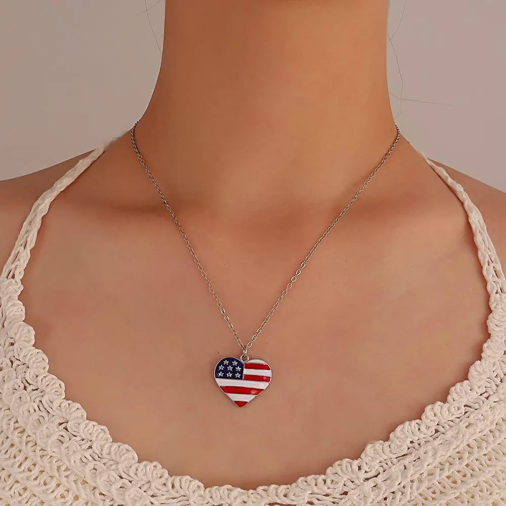 4th of July Necklace Patriotic Rhinestone Red White Blue American USA Flag Pendant Necklace Independence Day Jewelry for Memorial Day Accessories