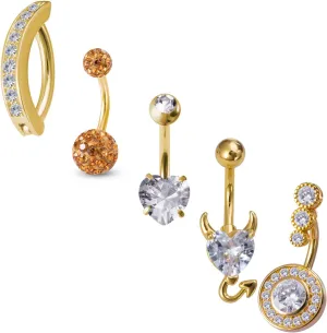 5pcs Belly Button Rings 14G Zircon Gold Belly Rings Stainless Steel Navel Rings Heart Devil Belly Button Piercing Jewelry for Women