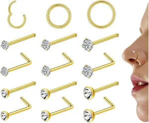 6-15Pcs 20G Nose Studs 18G Nose Rings Hoop for Women Men 316L Stainless Steel Clicker Hinged Nose Rings Hoop Straight L Shaped Nose Studs Nose Piercing Jewelry Silver Gold (Gold-CZ-L Shaped)