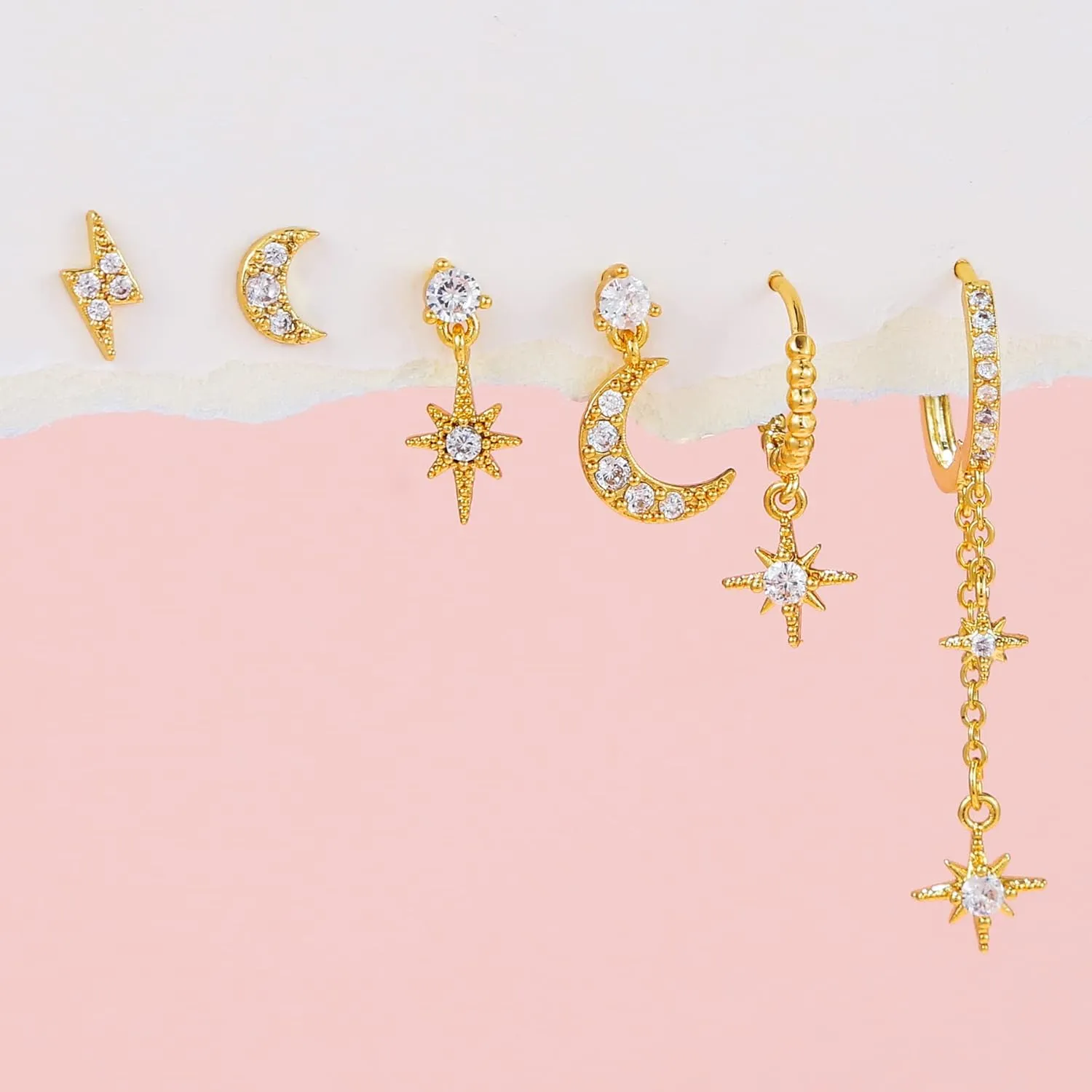 6 Pairs Gold Chain Earrings for Women, 14K Gold Plated Hoop Earrings Stack, Hypoallergenic Earring Sets for Multiple Piercing, Ear Cuffs Stud Huggie Hoop Dangle Chain Earring Pack for Women