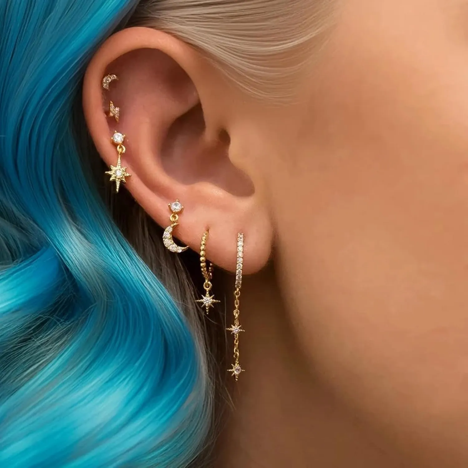6 Pairs Gold Chain Earrings for Women, 14K Gold Plated Hoop Earrings Stack, Hypoallergenic Earring Sets for Multiple Piercing, Ear Cuffs Stud Huggie Hoop Dangle Chain Earring Pack for Women