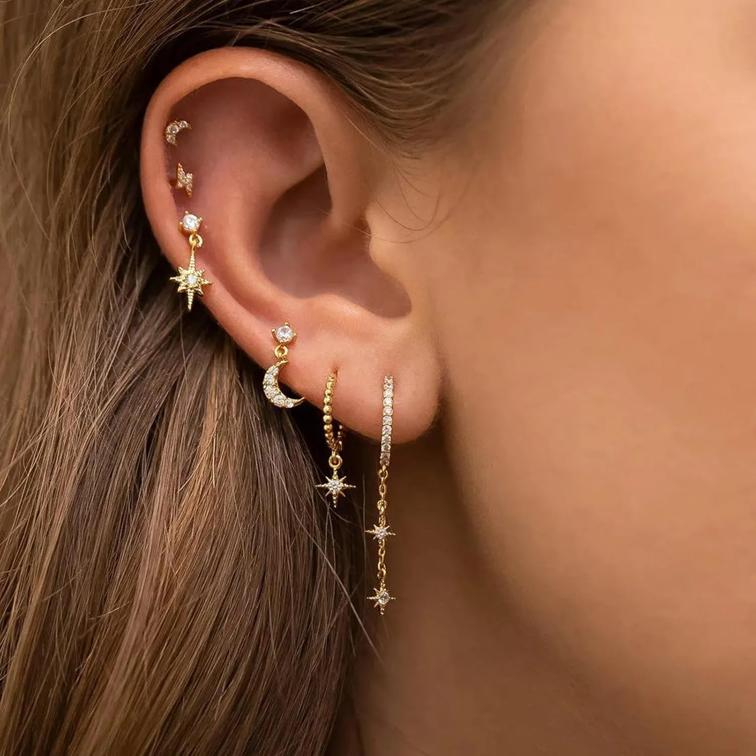 6 Pairs Gold Chain Earrings for Women, 14K Gold Plated Hoop Earrings Stack, Hypoallergenic Earring Sets for Multiple Piercing, Ear Cuffs Stud Huggie Hoop Dangle Chain Earring Pack for Women