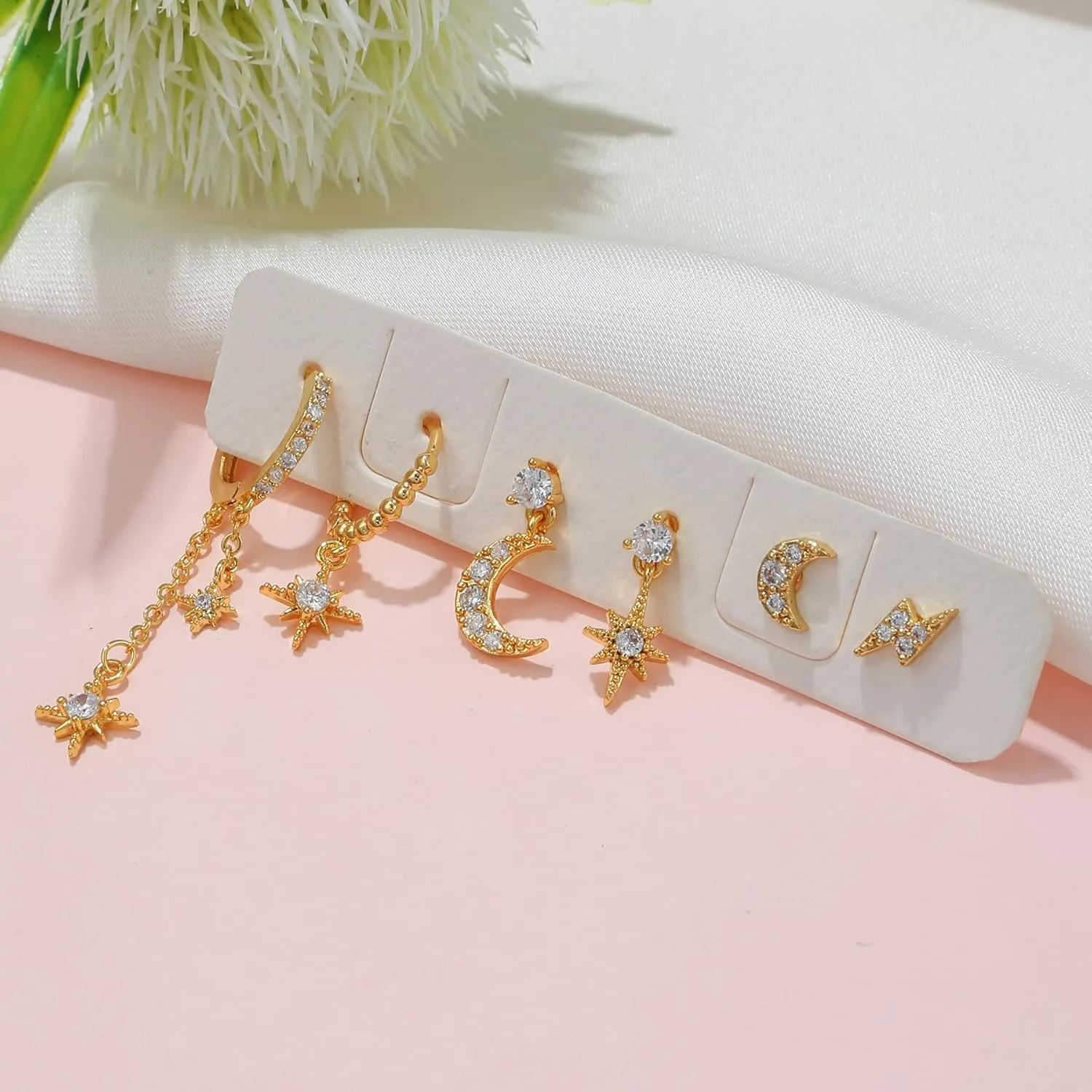 6 Pairs Gold Chain Earrings for Women, 14K Gold Plated Hoop Earrings Stack, Hypoallergenic Earring Sets for Multiple Piercing, Ear Cuffs Stud Huggie Hoop Dangle Chain Earring Pack for Women